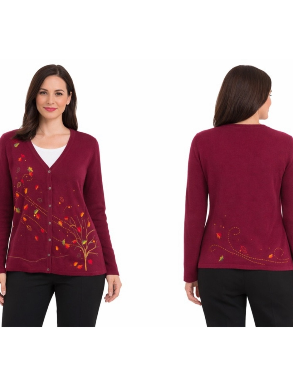 Christopher & Banks Maroon V-Neck Button Cardigan with Autumn Leaf Embroidery